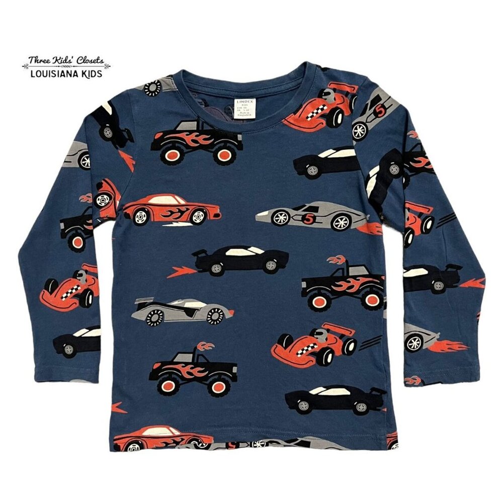 Lindex 5-6Y Blue Race Car Racecar Print Shirt